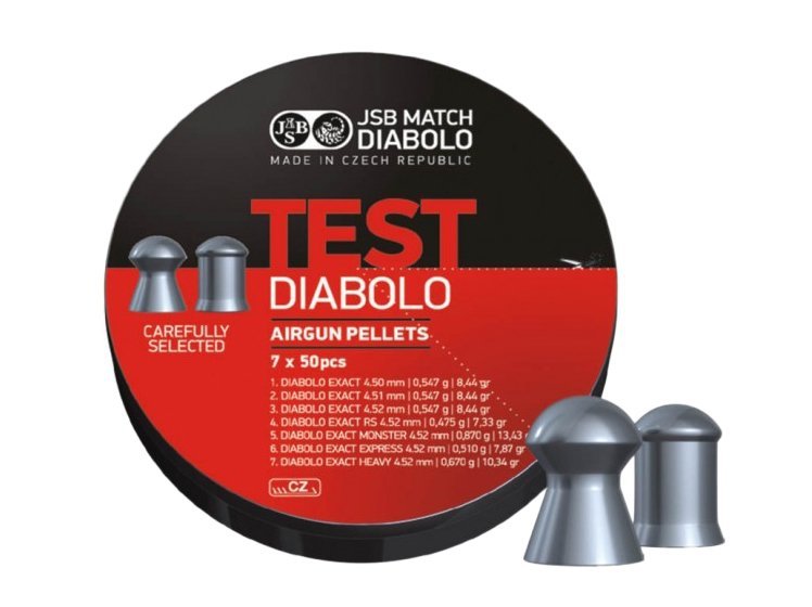 Zestaw testowy śrutu JSB Exact 4,5 mm – siedem wariantów po 50 sztuk